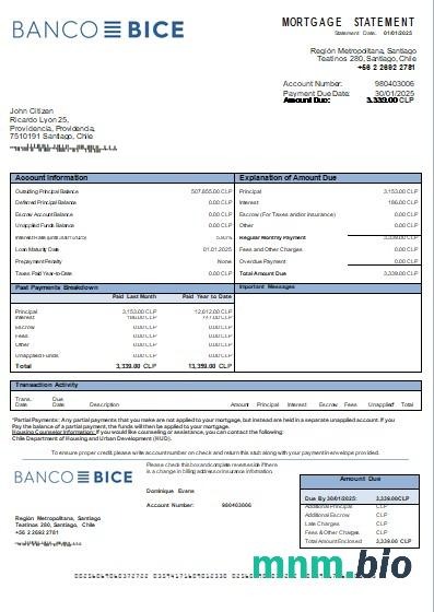 Chile Banco Bice wyciąg z kredytu hipotecznego szablon Word i PDF